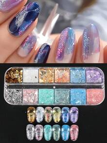 12 色 Opal Aurora 指甲亮粉 1 盒全息彩虹色摩擦粉颜料片 DIY 美甲装饰 - 彩色 - 查看 2