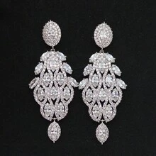 1 對時尚銅和水鑽鑲嵌彩色淚滴形鑽石、銀色、鑽石、植物、長耳環,適合女士日常佩戴和優雅派對、婚禮珠寶、節日禮物送給女性 - 銀色 - 查看 3