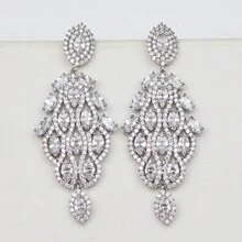 1 對時尚銅和水鑽鑲嵌彩色淚滴形鑽石、銀色、鑽石、植物、長耳環,適合女士日常佩戴和優雅派對、婚禮珠寶、節日禮物送給女性 - 銀色 - 查看 7