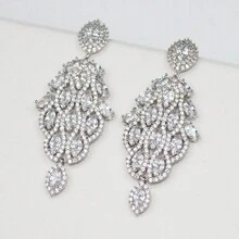 1 對時尚銅和水鑽鑲嵌彩色淚滴形鑽石、銀色、鑽石、植物、長耳環,適合女士日常佩戴和優雅派對、婚禮珠寶、節日禮物送給女性 - 銀色 - 查看 8