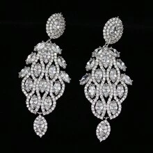 1 對時尚銅和水鑽鑲嵌彩色淚滴形鑽石、銀色、鑽石、植物、長耳環,適合女士日常佩戴和優雅派對、婚禮珠寶、節日禮物送給女性 - 銀色 - 查看 6