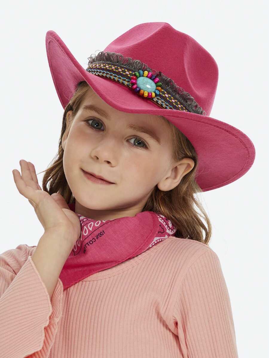1pc Bohemian Western Style Fringed Warm Decoration Cowboy Hat For Kids Aged 3-8, Suitable For Parties And Daily Wear - Hot Pink - View 1