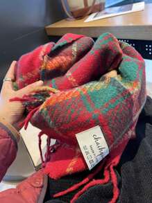 1pc Christmas & New Year Women's Classic Red & Green Plaid Tassel Cape, Double-sided Warm Scarf For Students - Red - View 3