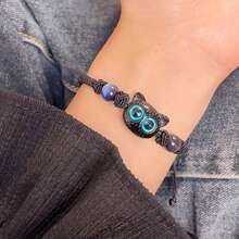 1入組藍眼睛貓形狀流蘇手工編織手鐲,可愛風格的聖誕、萬聖節、生日、派對和日常裝飾禮物