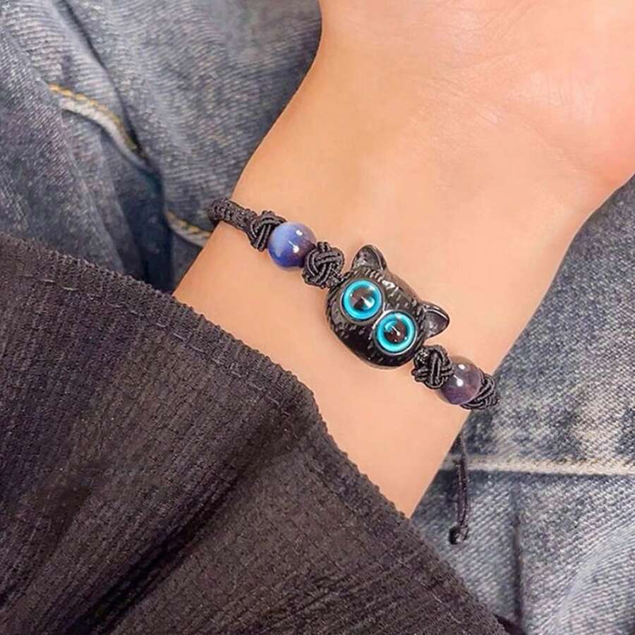 1入組藍眼睛貓形狀流蘇手工編織手鐲,可愛風格的聖誕、萬聖節、生日、派對和日常裝飾禮物