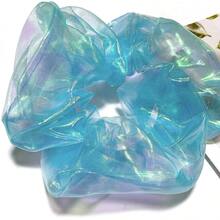1只女性藍色全息網紗hair Scrunchie,實色面料,適合日常使用 - 藍色 - 查看 2