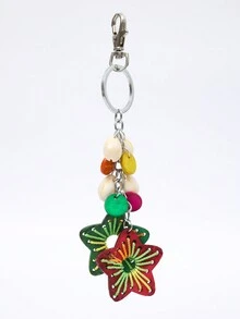 1pc Handmade Natural Coconut Shell Keychain Weaved In Fashionable Design, With Plant And Flower Decorations - Multicolor - View 4