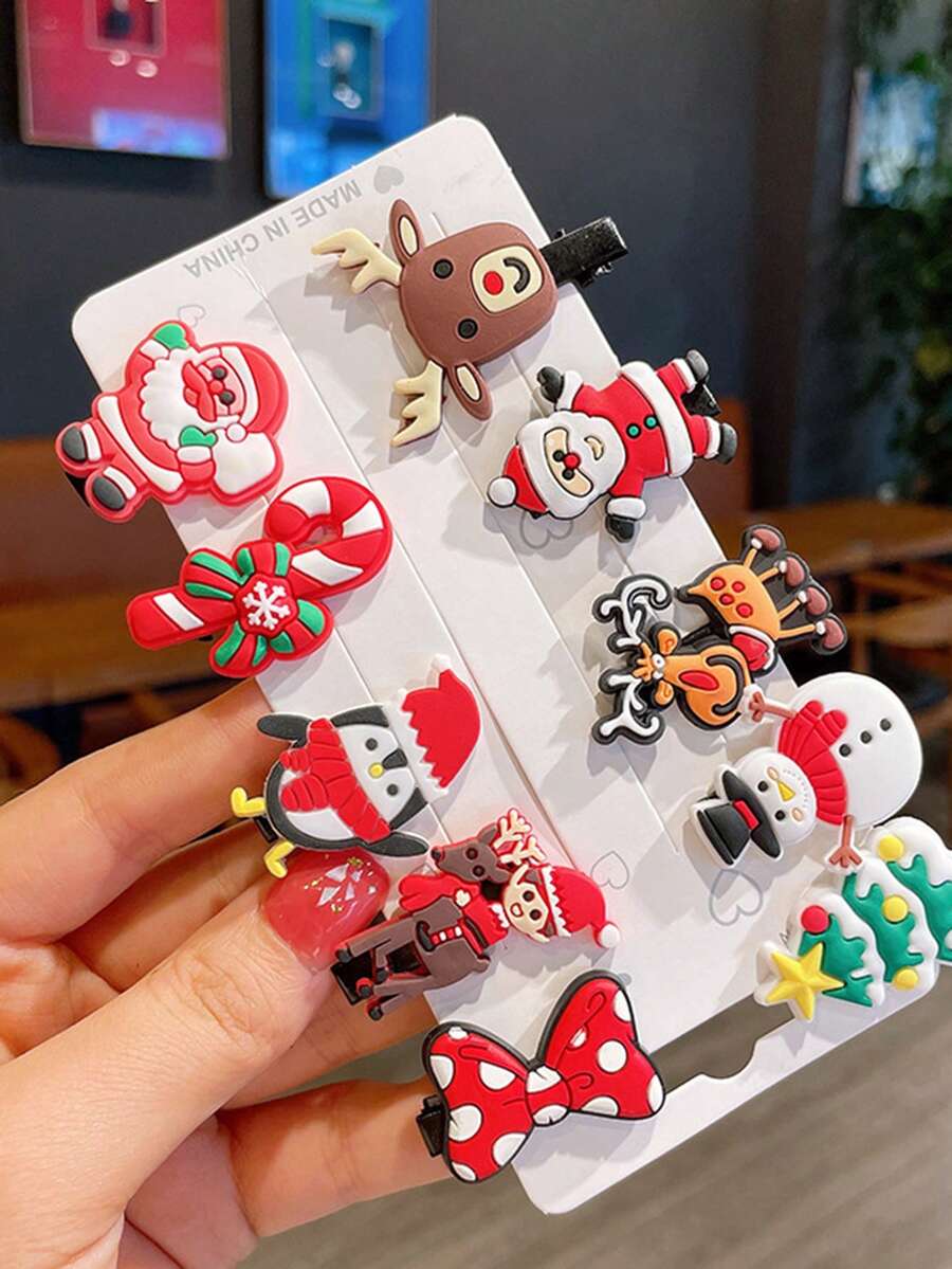 10 件圣诞发夹套装，可爱卡通雪人、蝴蝶结、鳄鱼发夹，适合女婴