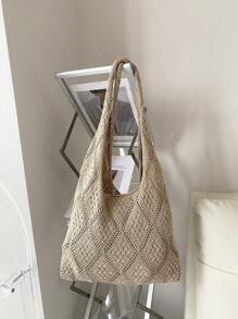 鏤空度假風格拼色鉤針編織托特包 - 駝色 - 查看 1