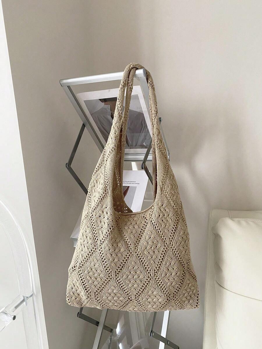 鏤空度假風格拼色鉤針編織托特包 - 駝色 - 查看 1