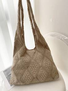 鏤空度假風格拼色鉤針編織托特包 - 駝色 - 查看 2