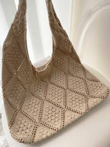 鏤空度假風格拼色鉤針編織托特包 - 駝色 - 查看 4