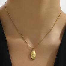 1入組金色不鏽鋼鍍金橢圓形聖母項鍊,流行獨特設計,適合男女、情侶、街頭、日常、上班、派對穿著