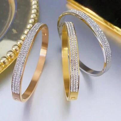 1pc Stainless Steel Three Rows Rhinestone Oval Open Bangle Suitable For Women's Daily Wear