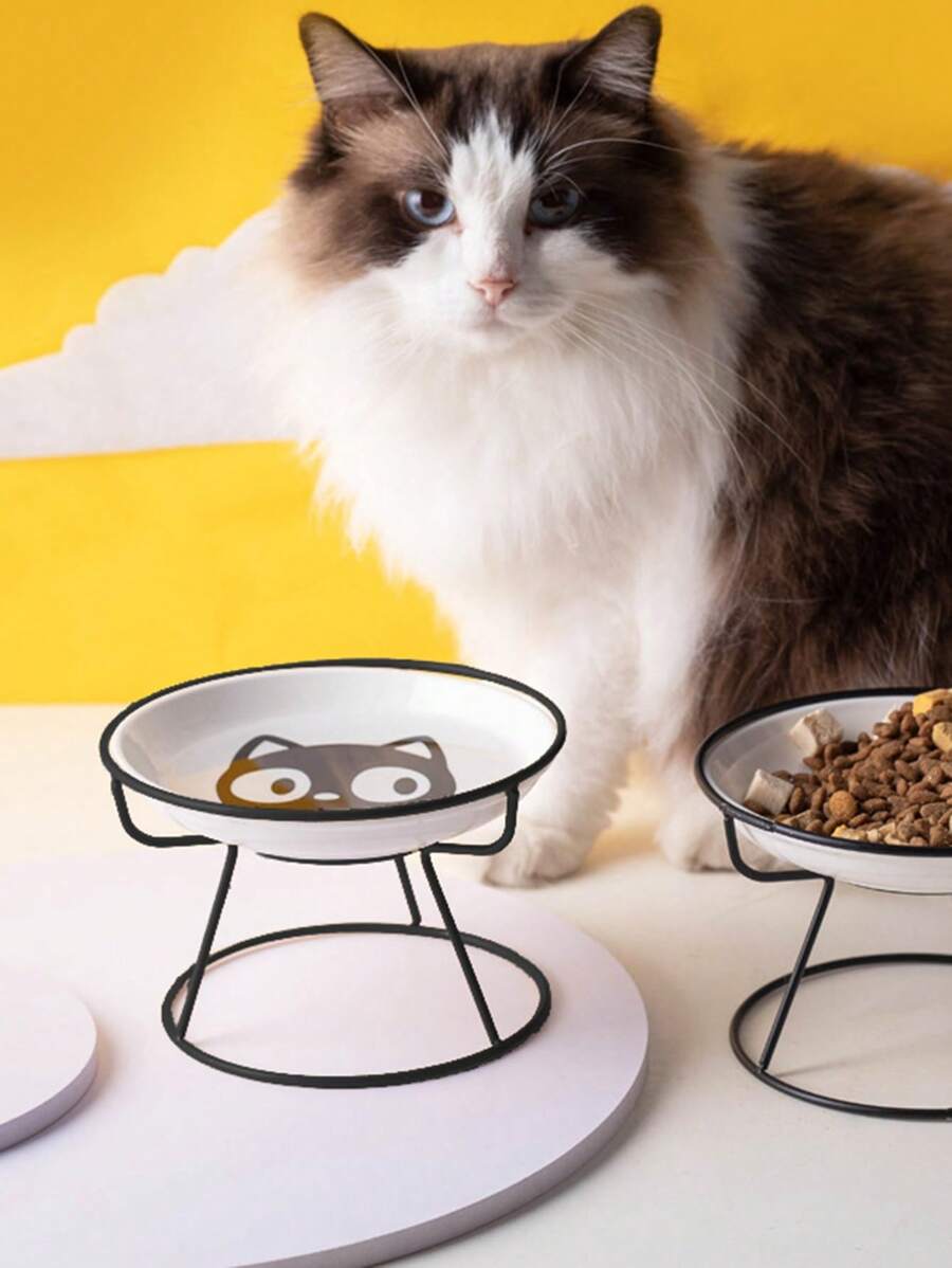 1pc Ceramic Cat Shaped Bowl With High Pedestal And Neck Protector For Pets - Multicolor - View 1