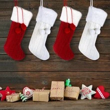 4入組18英寸帶折邊和針織設計的聖誕襪,奶油色或酒紅色,適用於假日家居裝飾