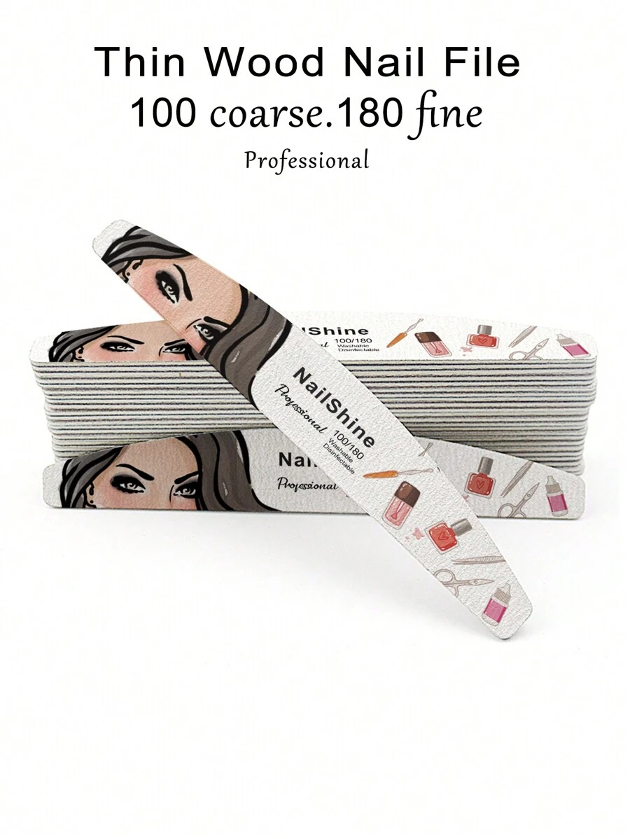 NailShine 10支装新月形100/180目木质指甲锉，适用于美甲和美容 - 彩色 - 查看 1