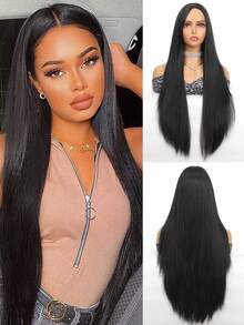 女性長直黑色漸層假髮,合成黑直髮假髮,30英寸中分漸層假髮自然看起來非常逼真,適用於cosplay