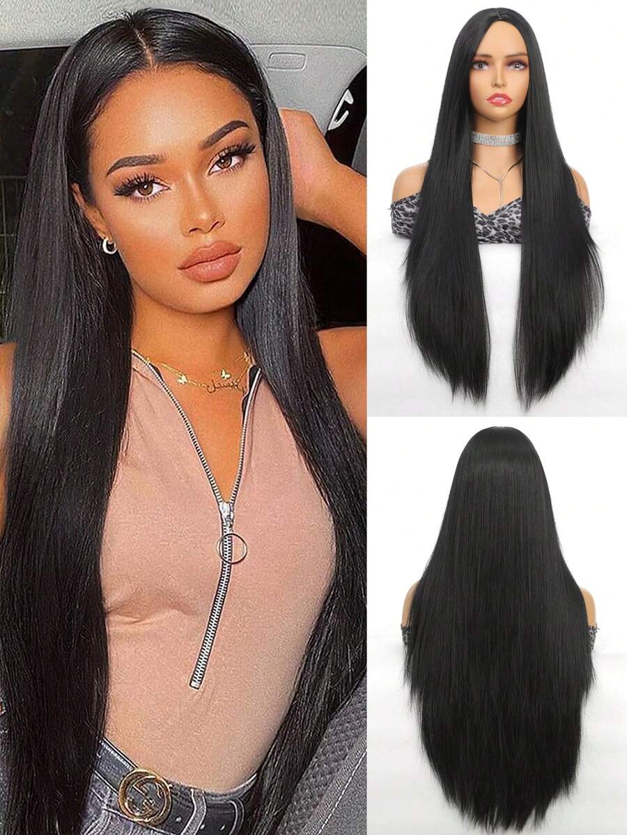 女性長直黑色漸層假髮,合成黑直髮假髮,30英寸中分漸層假髮自然看起來非常逼真,適用於cosplay