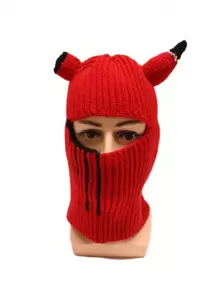 1 件装酷炫全脸滑雪面罩趣味针织帽带恶魔角防风拉法帽冬季帽子男士万圣节 - 紅色 - 查看 2