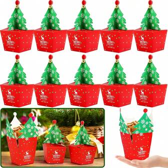 10入組帶鈴鐺聖誕樹造型禮物盒,聖誕節派對糖果餅乾禮盒,節日派對用品 (大號)