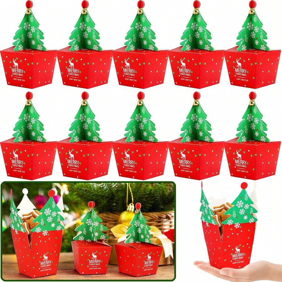10入組帶鈴鐺聖誕樹造型禮物盒,聖誕節派對糖果餅乾禮盒,節日派對用品 (大號) - 紅色-大號 - 查看 1