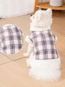1件藍色格紋冬季厚實保暖寵物背心,適用於貓狗,最適合秋冬季節使用
