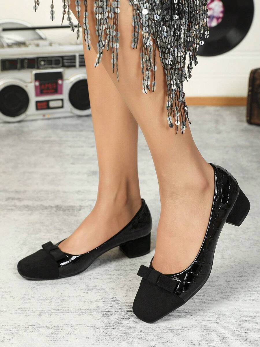 Square Toe Low Vamp Comfortable Thick Heel Work Shoes - Black - View 1