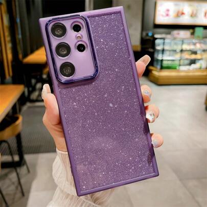 1pc New Purple Glitter Insert Tpu Phone Case With Anti-Drop Strap & Lens Protection, Compatible With Iphone, Compatible With Samsung, Compatible With Redmi, Compatible With Oppo,International Version, Not The Domestic Version