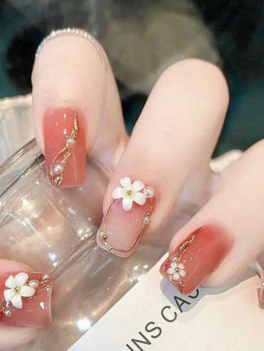 24 件短方形紅色假指甲西柚漸層花卉設計美甲套裝長壓指甲適合女士和女孩 - 彩色 - 查看 1