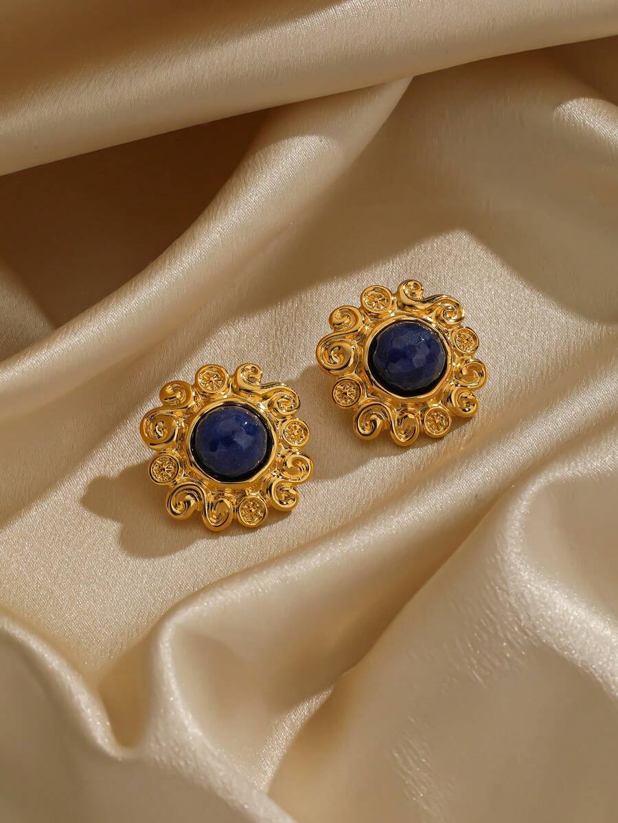 1 對 18k 金藍色金石、莫吉托綠瑪瑙花朵耳釘,非常適合約會 - 藍色 - 查看 1