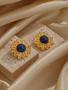 1 對 18k 金藍色金石、莫吉托綠瑪瑙花朵耳釘,非常適合約會 - 藍色 - 查看 3