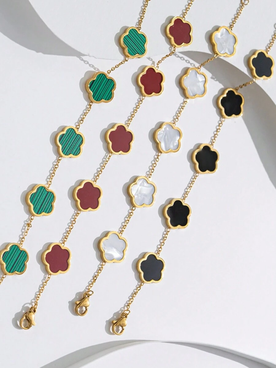 1 件金色五花手鍊帶簡單花朵吊飾 - 黑色 - 查看 1