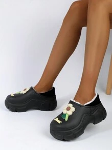 Cute Flower Design Plush Slippers For Women, Autumn/winter 2023 New Arrival, Non-slip Indoor House Shoes - Black - View 4