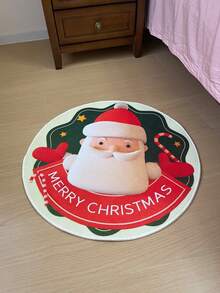 1片聖誕主題圓形地毯,聖誕老人圖案,環形法蘭絨面料,水洗底布防滑,可機洗,適用於臥室、客廳、衣櫃、餐廳、陽台等場所