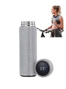 1PC Fashion Shiny Stainless Steel Aluminum Covered With Rhinestone Insulated Shiny Stainless Steel Smart Shiny Glass With Rhinestone LED Temperature Display Rhinestone  For Children And Women Bottle Mug Gift 17 Ounces 500ml Is A Very Gift - Silver - View 1