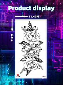 1pc Classic Peony Flower Pattern Black Sketch Temporary Tattoo Sticker For Wrist, Arm, Leg, Clavicle, Shoulder, Back - Black - View 5