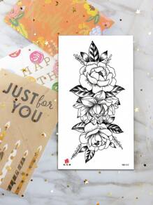 1pc Classic Peony Flower Pattern Black Sketch Temporary Tattoo Sticker For Wrist, Arm, Leg, Clavicle, Shoulder, Back - Black - View 2