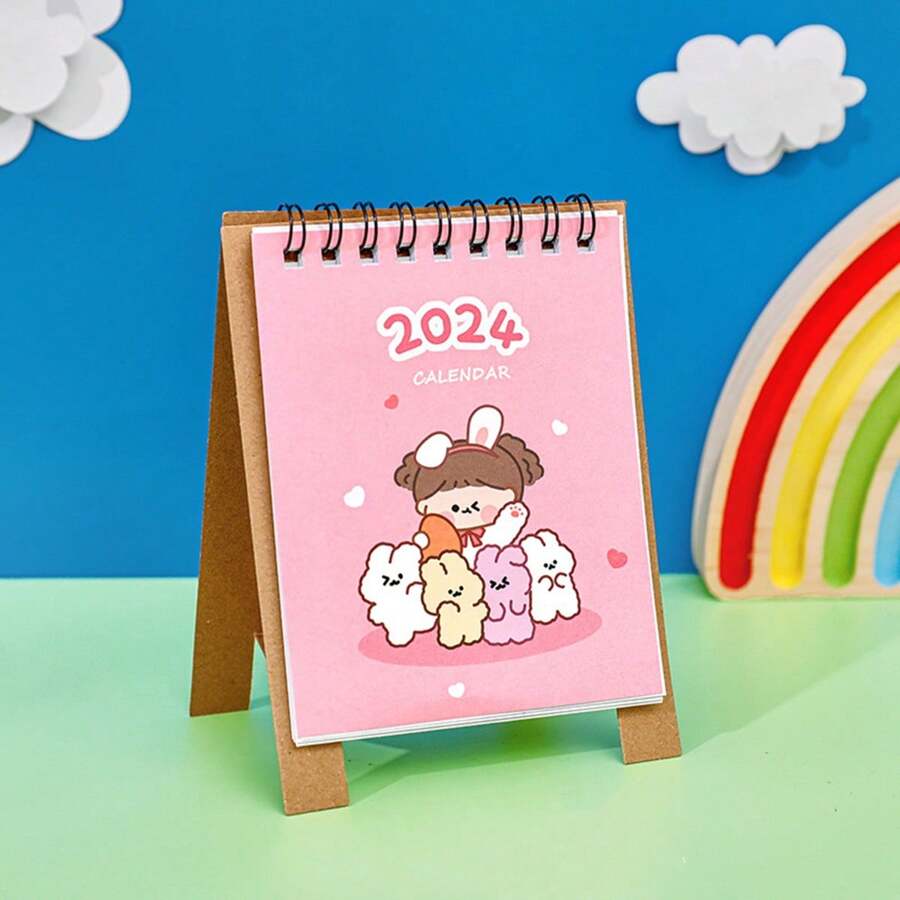 Calendario De Escritorio De Dibujos Animados De Una Pequeña Niña Linda Del 2024 - Rosa - Ver 1