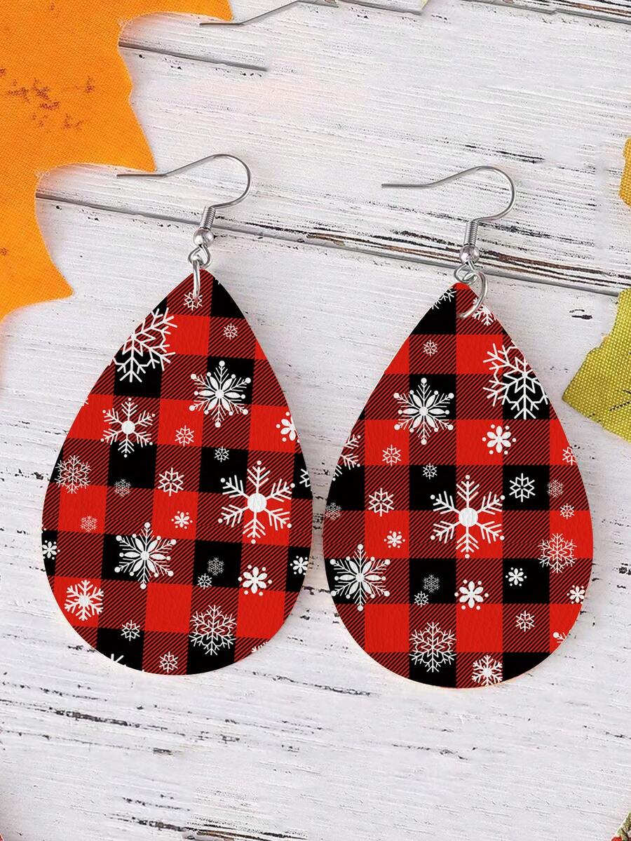 1 對女式紅色和白色格子皮革水滴形耳環聖誕波西米亞風格耳環