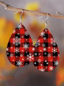 1 對女式紅色和白色格子皮革水滴形耳環聖誕波西米亞風格耳環