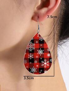 1 對女式紅色和白色格子皮革水滴形耳環聖誕波西米亞風格耳環