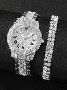 Women's Fashionable Steel Watch With Rhinestone Inlaid & Roman Numerals Dial + Rhinestone Decor Bracelet (2pcs/Set) Holiday As A Gift For Students Returning To School
