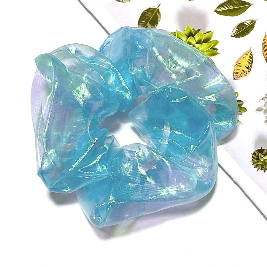 1只女性藍色全息網紗hair Scrunchie,實色面料,適合日常使用 - 藍色 - 查看 1