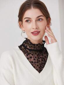 1 件女士镂空山茶树装饰可拆卸衣领适合日常佩戴配饰女士情人节 - 黑色 - 查看 5