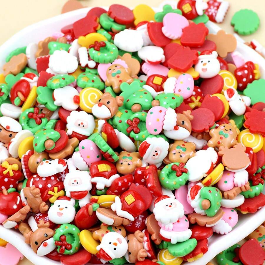 或者50克/批新款可愛迷你卡通聖誕系列樹脂小雕像工藝凸圓形裝飾物珠寶製作配件 - 彩色 - 查看 1