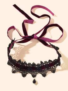 1入組時髦紅色的絲絨&黑色蕾絲性感女性連衣裙項鍊 - 黑色 - 查看 2