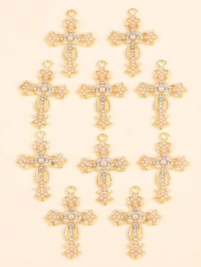 10pcs Lolita Style Faux Pearl & Cross Shaped Zinc Alloy Pendant For Making Necklace, Earring Or Keychain Diy Accessories