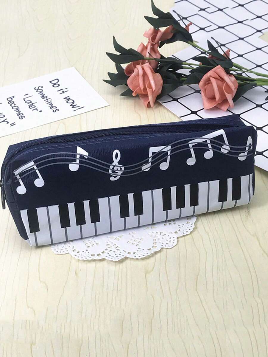 1 Pieza Estuche de lona cuadrado de una sola capa con notas musicales y teclado de piano, estuche para lápices de gran capacidad con cierre de cremallera, conveniente y ligero, fácil de transportar y usar, bolsa de útiles escolares y accesorios para la escuela