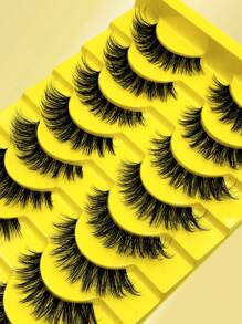 Asiteo 10对自然柔软蓬松的3D水貂毛假睫毛，浓密丰盈，凌乱纤长，增强眼部轮廓，纤长卷翘睫毛嫁接套装 - 黑色 - 查看 3